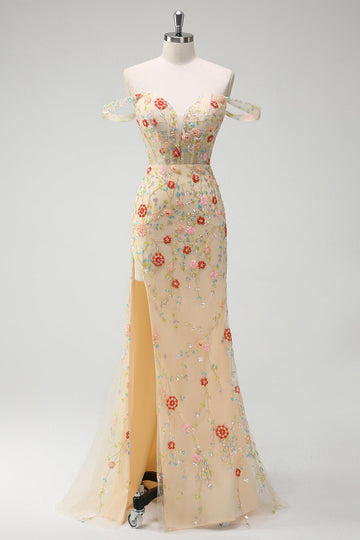 Sparkly Champagne Mermaid Off the Shoulder Floral Corset Long Formal Dress with Slit